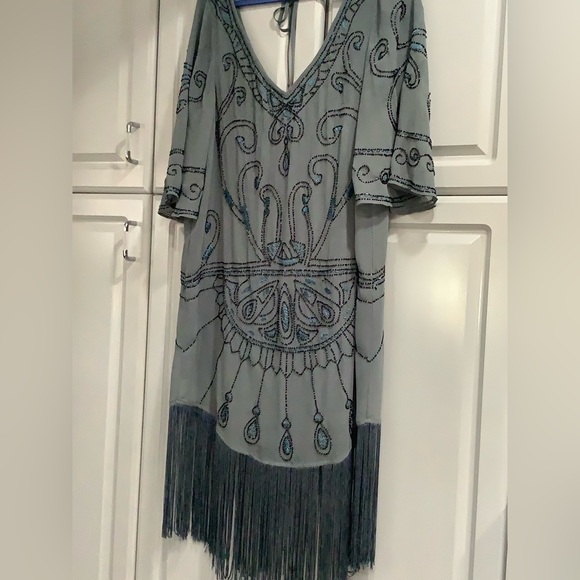FREE PEOPLE CELESTIAL BEADED FRINGE FLAPPER BOHO V NECK DRESS WOMEN’S Sz M - Picture 2 of 16